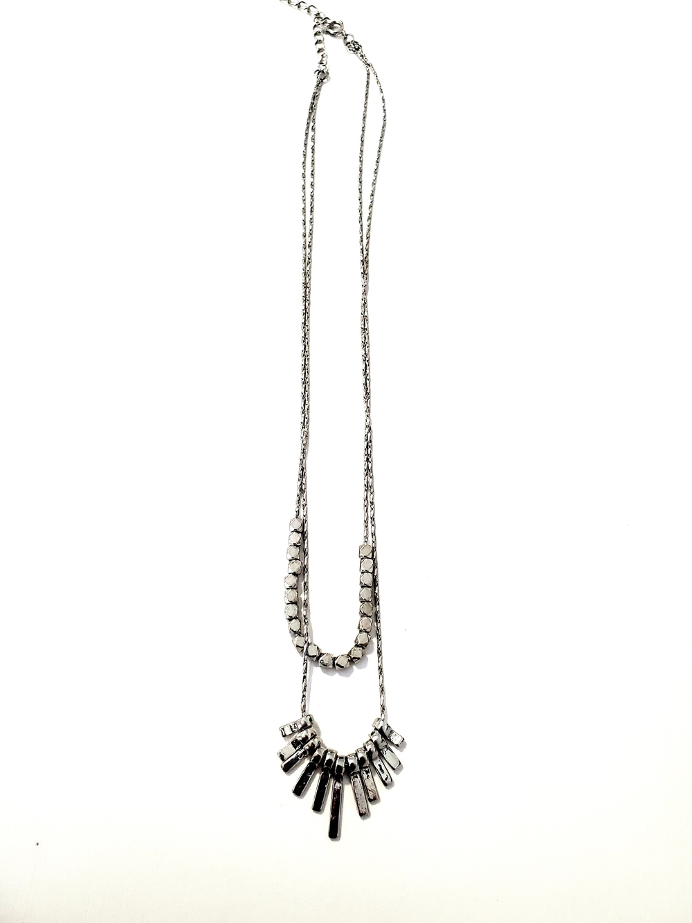 Layered Silver-Tone Bar & Bead Pendant Necklace